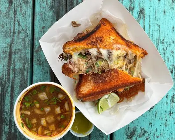 birria-factory-catering - Birria Grilled Cheese + consome & Fries