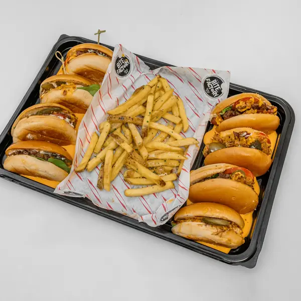 bite-factory - Sharing platter for four, served with a selection of smash burgers on cheese sauce