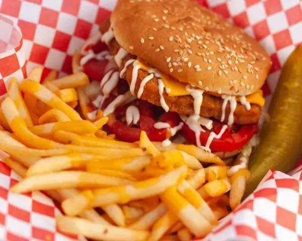 buns-on-the-run - Chicken Burger With Cheesy  Fries