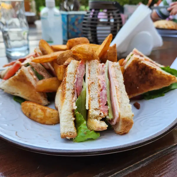 caffe-wine-bar - Club Sandwich with fries