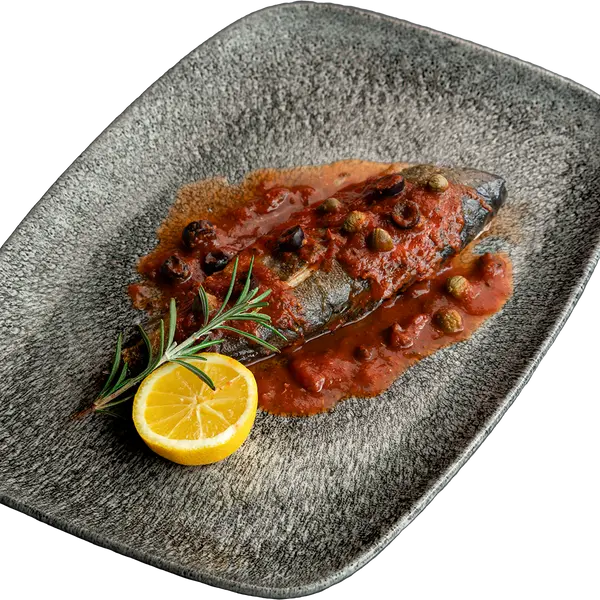 concept-food-cafe-bar - Trout with tomato sauce and olives (500 Calories)