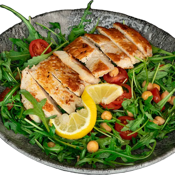 concept-food-cafe-bar - Chicken with arugula and chickpeas (500 Calories)