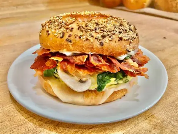 glaze-donuts-bagel-sandwiches - Bagel with Bacon, Egg, Spinach, Mushroom, Mozzarella Cheese, and Mayo