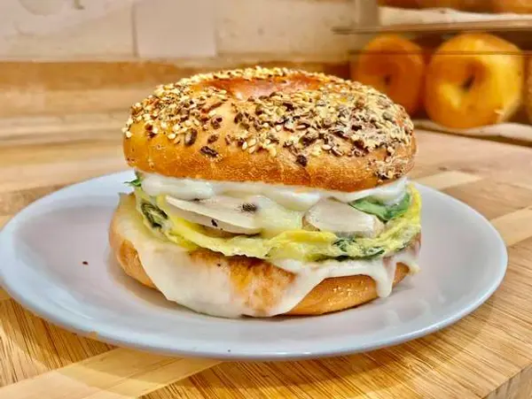 glaze-donuts-bagel-sandwiches - Bagel with Egg, Spinach, Mushroom, Mozzarella Cheese, and Mayo