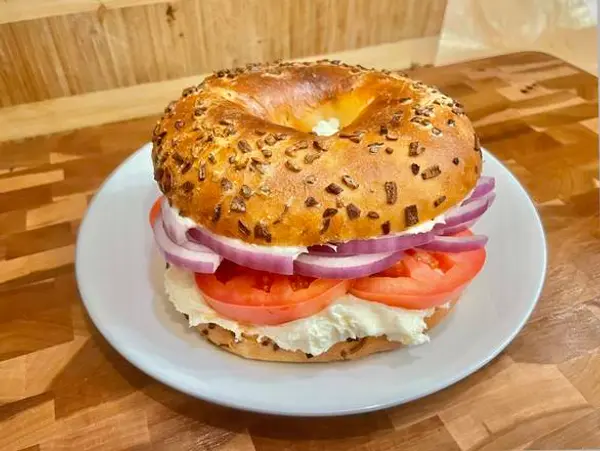 glaze-donuts-bagel-sandwiches - Bagel with Cream Cheese, Tomato, and Onion