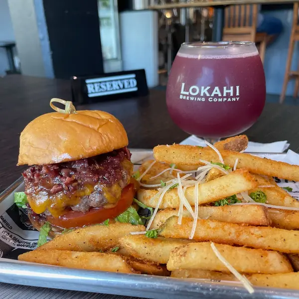 lokahi-brewing-company - Chef's Special - Guava Bacon Jam & Brie Smash Burger & Fries