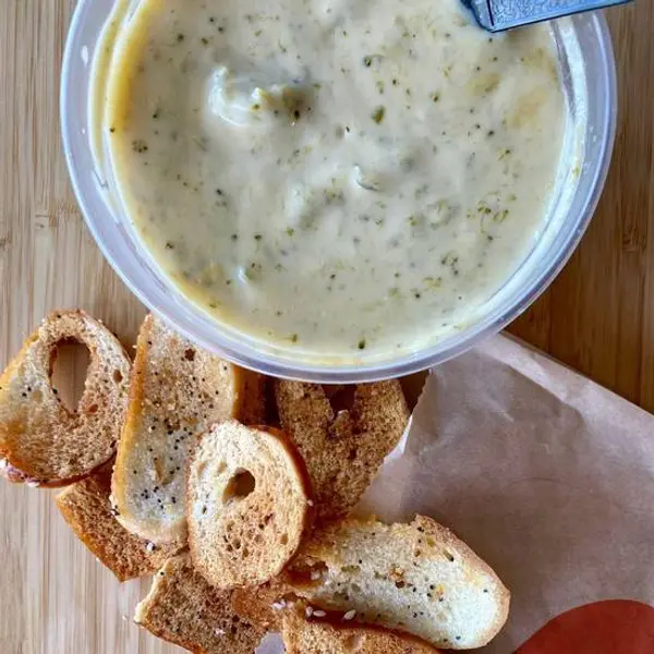 seize-the-bagel - Broccoli Cheddar Soup with House-Made Bagel Chips