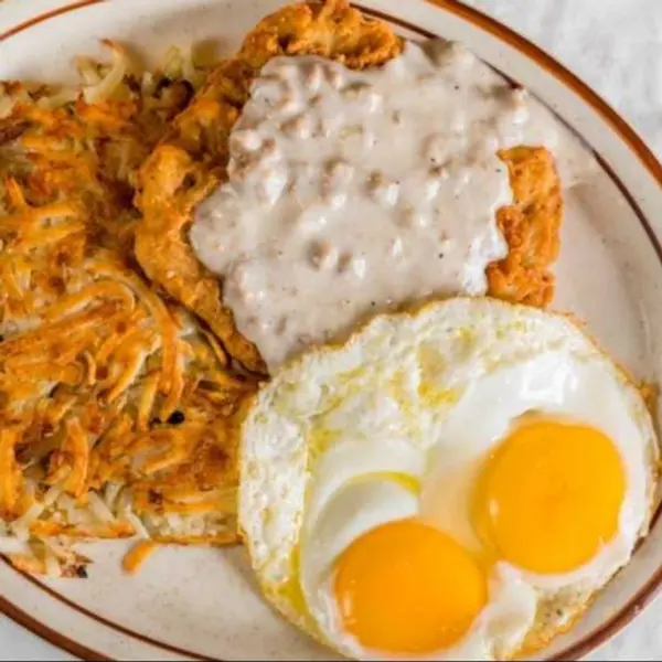 tads-steak-house - Country Fried Steak & Eggs  with hash browns and toast