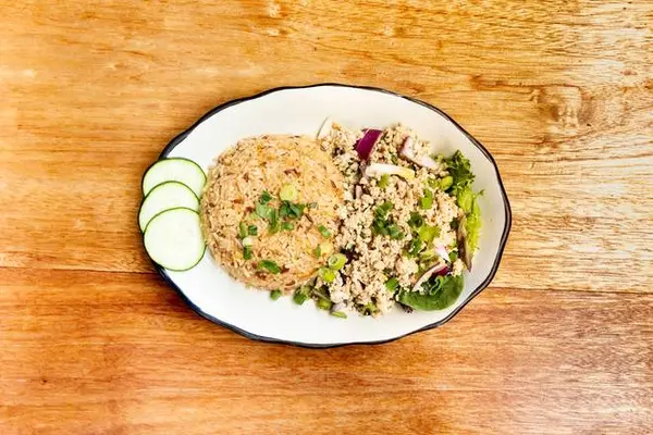 thai-peacock - 19. Garlic Fried Rice & Larb (GF)